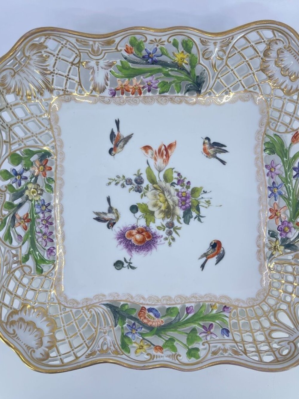 vintage meissen hand painted porcelain square serving plate reticulated border